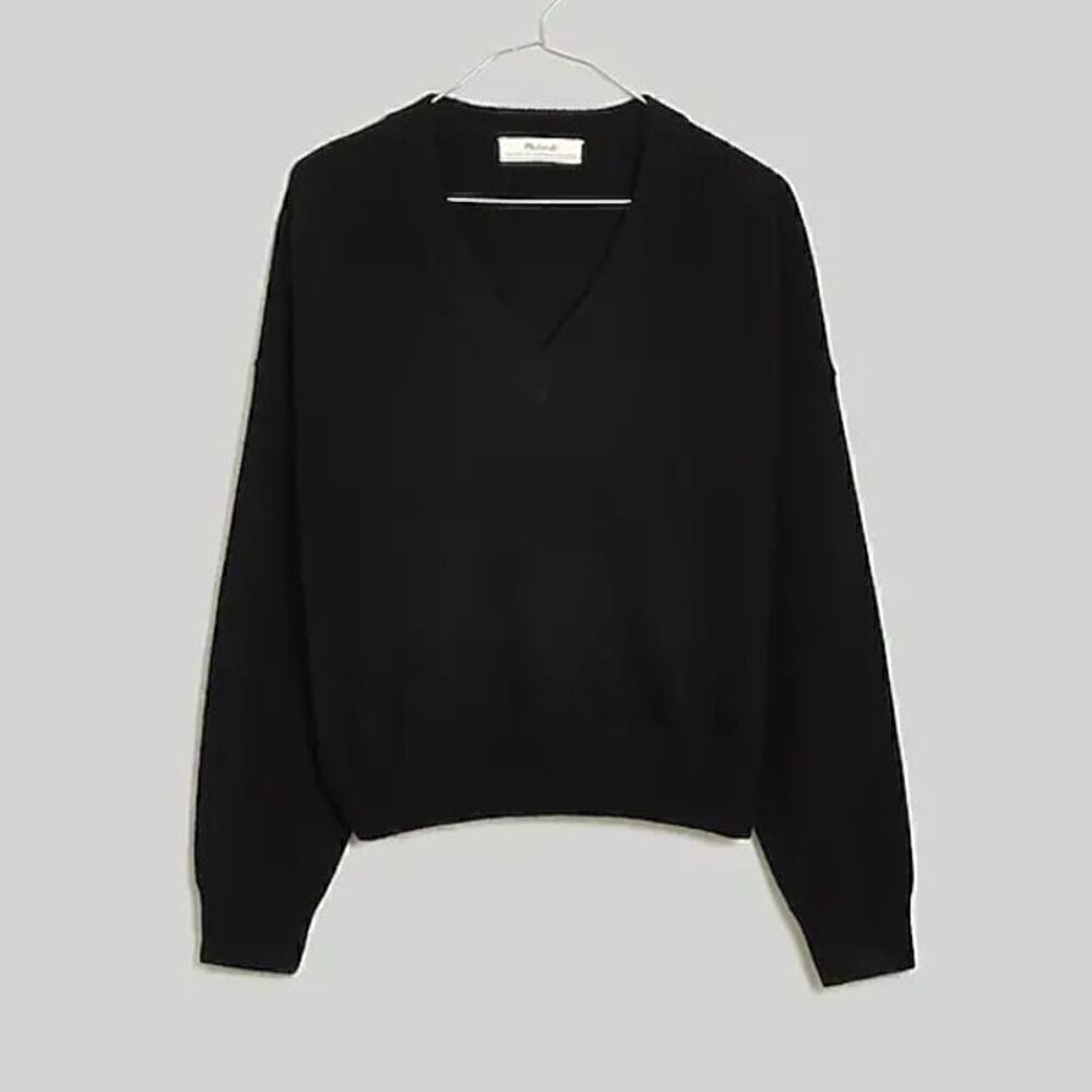 Madewell (Re)sponsible Sweater Cashmere V-Neck Pullover Crop True Black NWT XXS